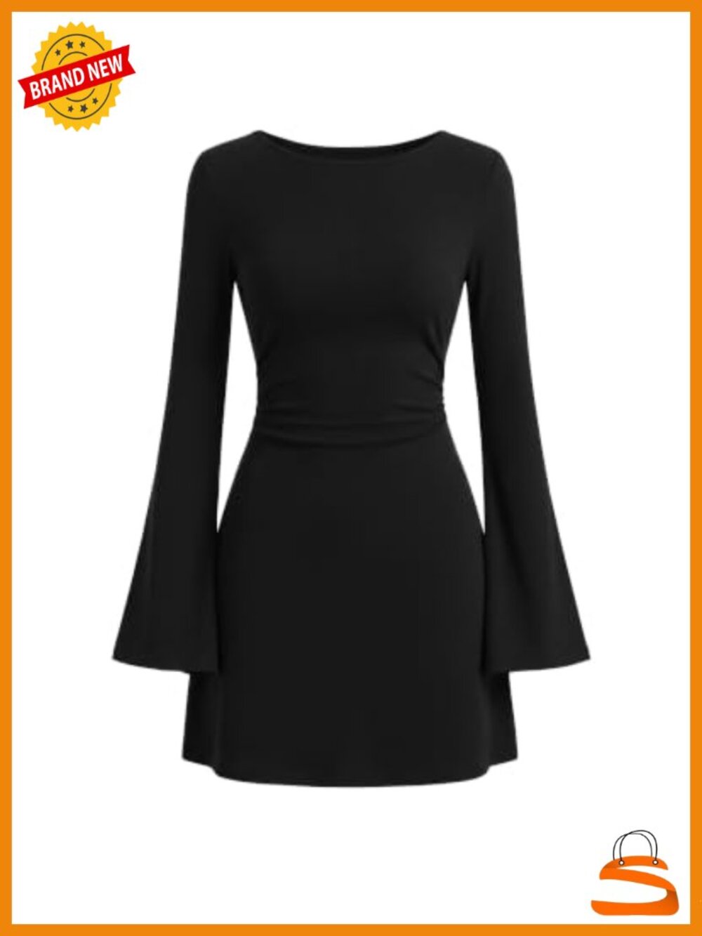 Womens Casual Long Sleeve Bell Sleeve Crew Neck Bodycon Mini Dress Knit